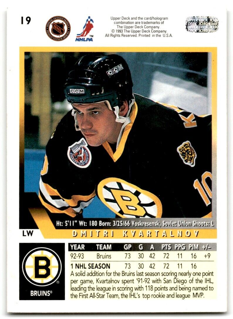 1993-94 Upper Deck Dmitri Kvartalnov Boston Bruins #19