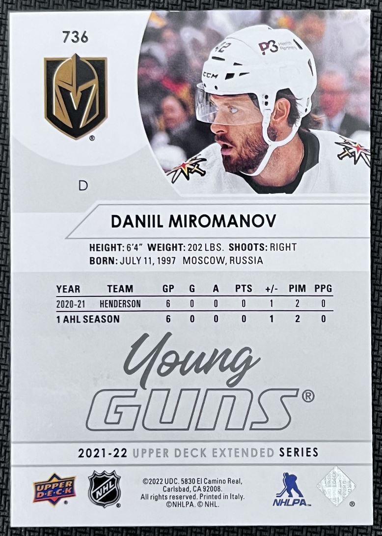 2021-22 Upper Deck Daniil Miromanov Rookie Vegas Golden Knights #736