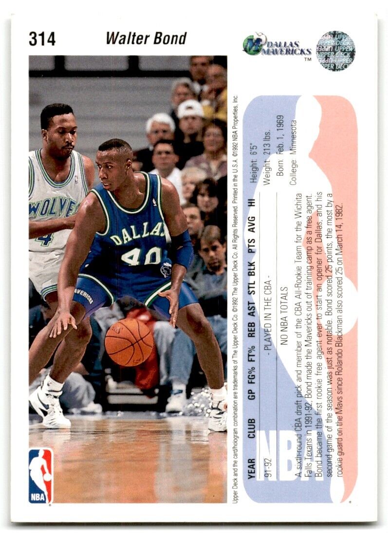 1992-93 Upper Deck Walter Bond Dallas Mavericks #314