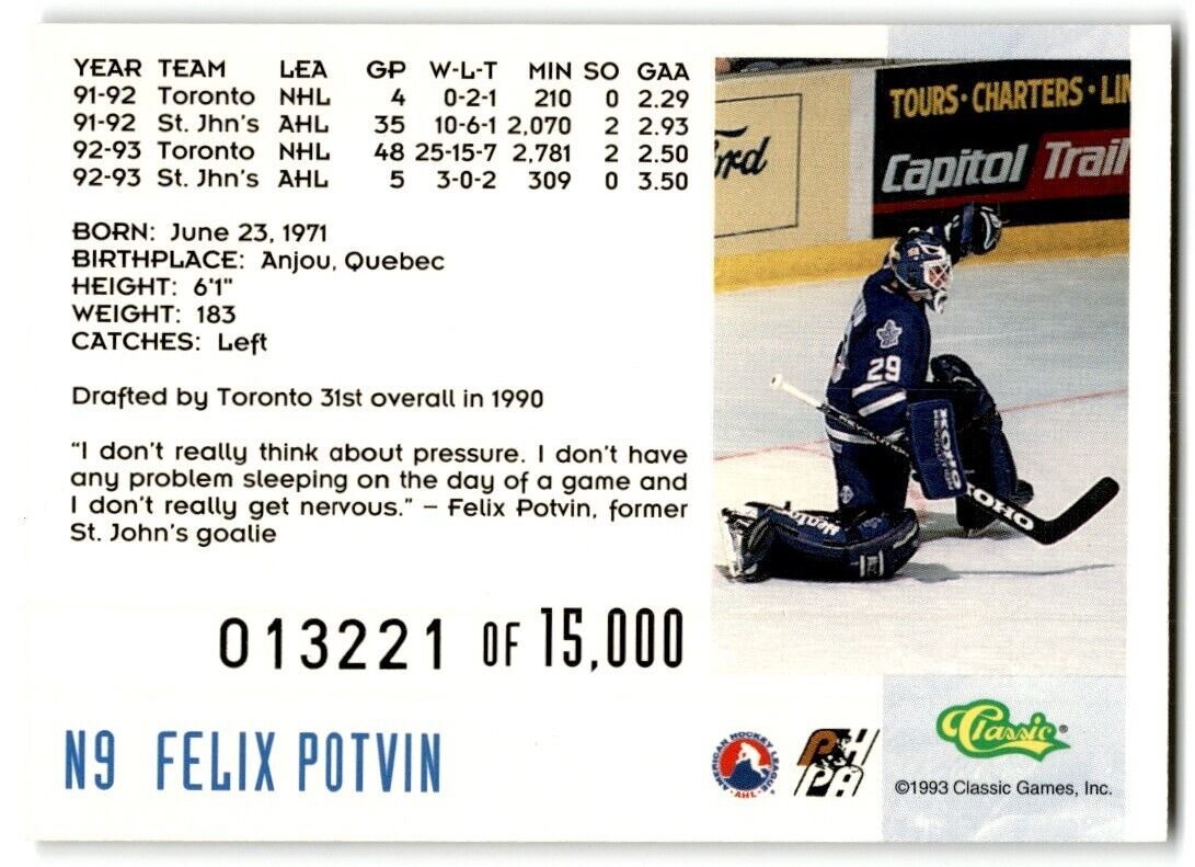 1993-94 Classic 93 hockey draft Felix Potvin 13331/15000 Toronto Maple Leafs #N9