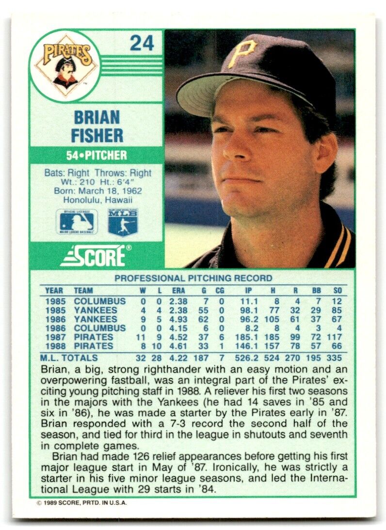 1989 Score Brian Fisher Pittsburgh Pirates #24