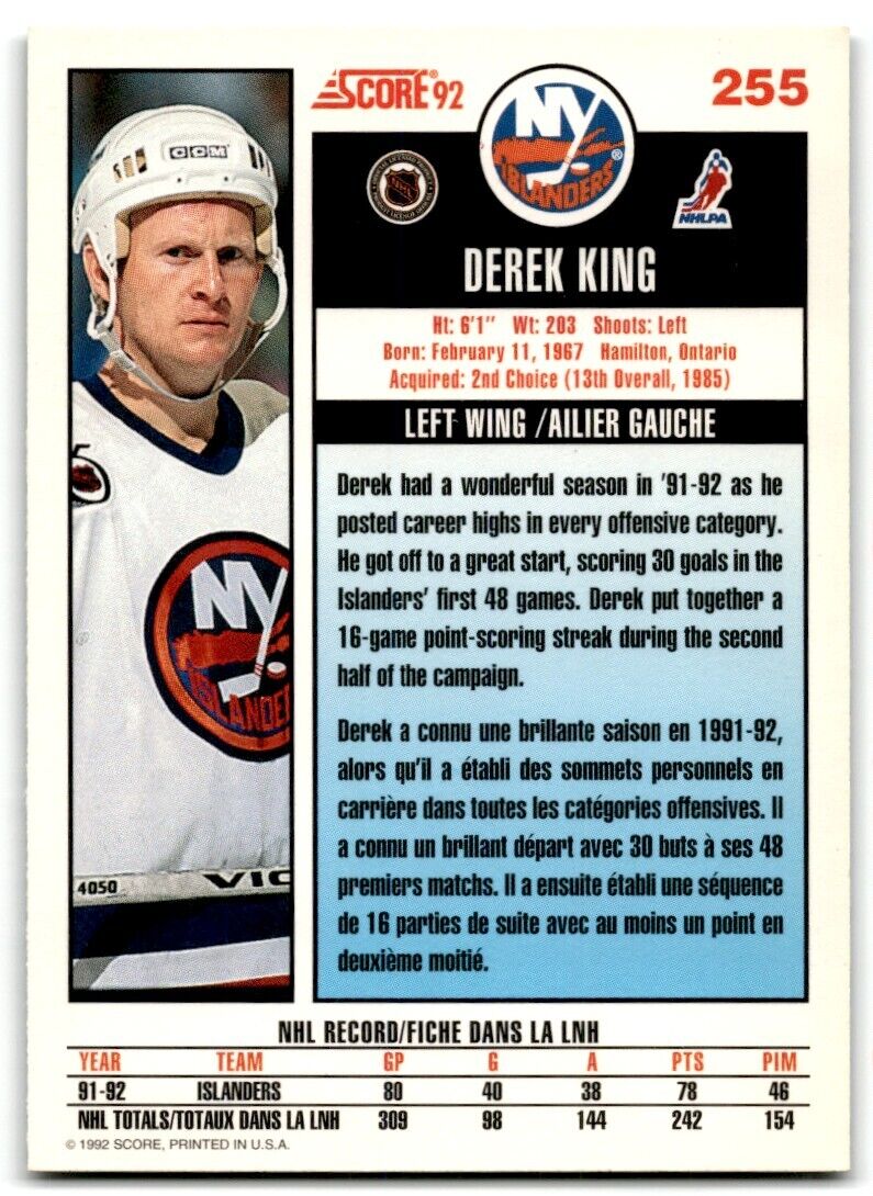 1992-93 Score Derek King New York Islanders #255