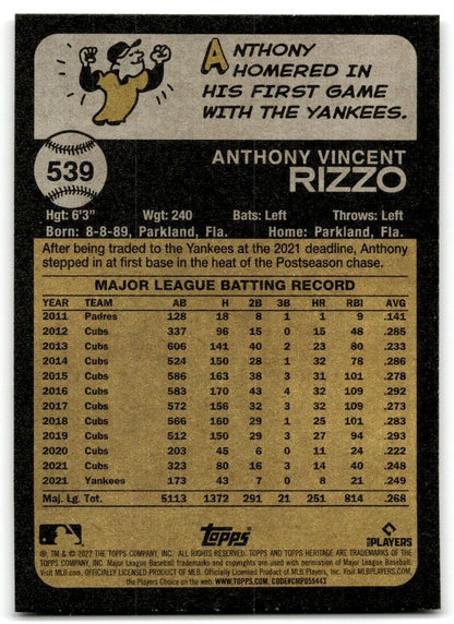 2022 Topps Heritage High Number Anthony Rizzo New York Yankees #539