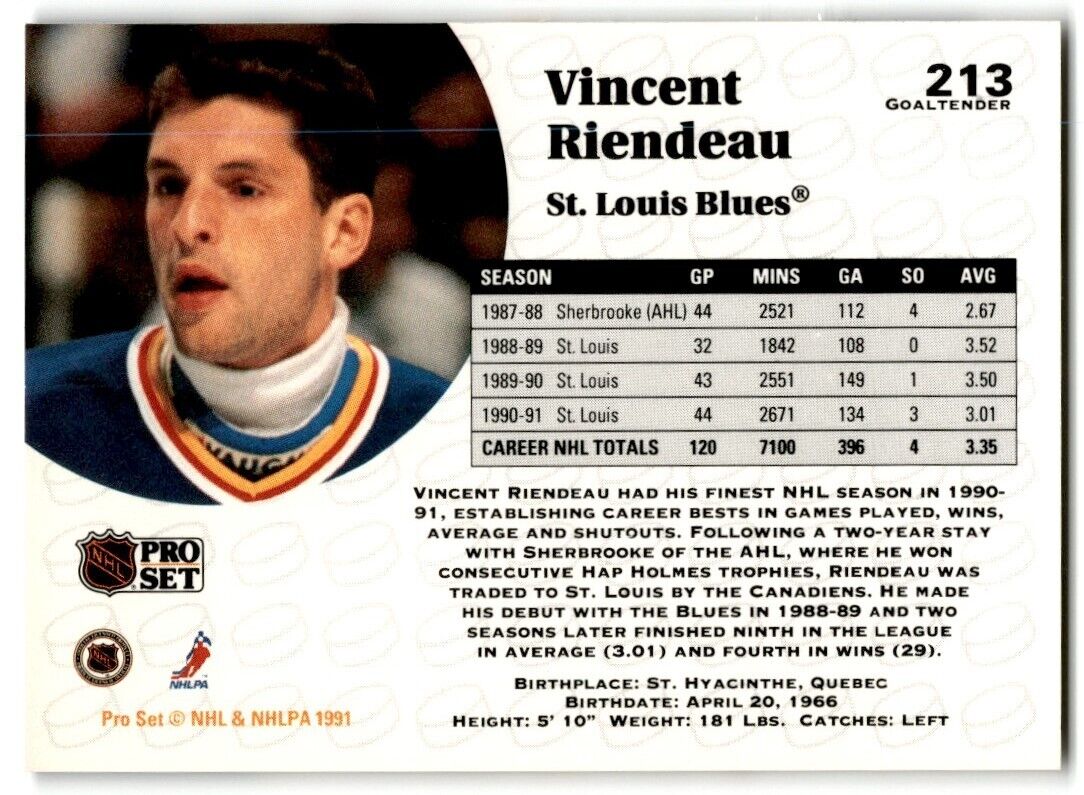 1991-92 Pro Set Vincent Riendeau St. Louis Blues #213