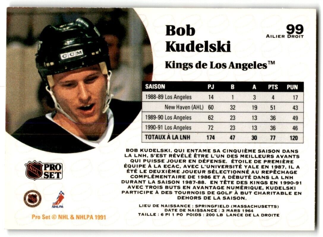 1991-92 Pro Set French Bob Kudelski Los Angeles Kings #99