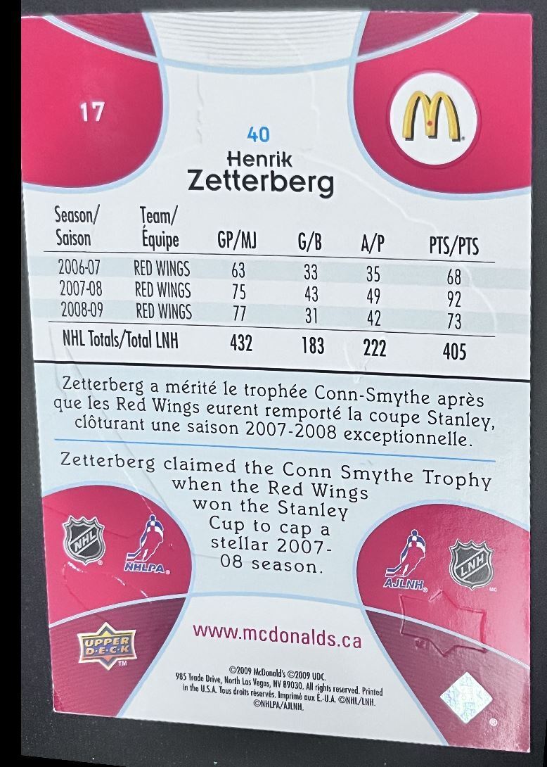 2009-10 Upper Deck McDonald's Henrik Zetterberg Detroit Red Wings #17