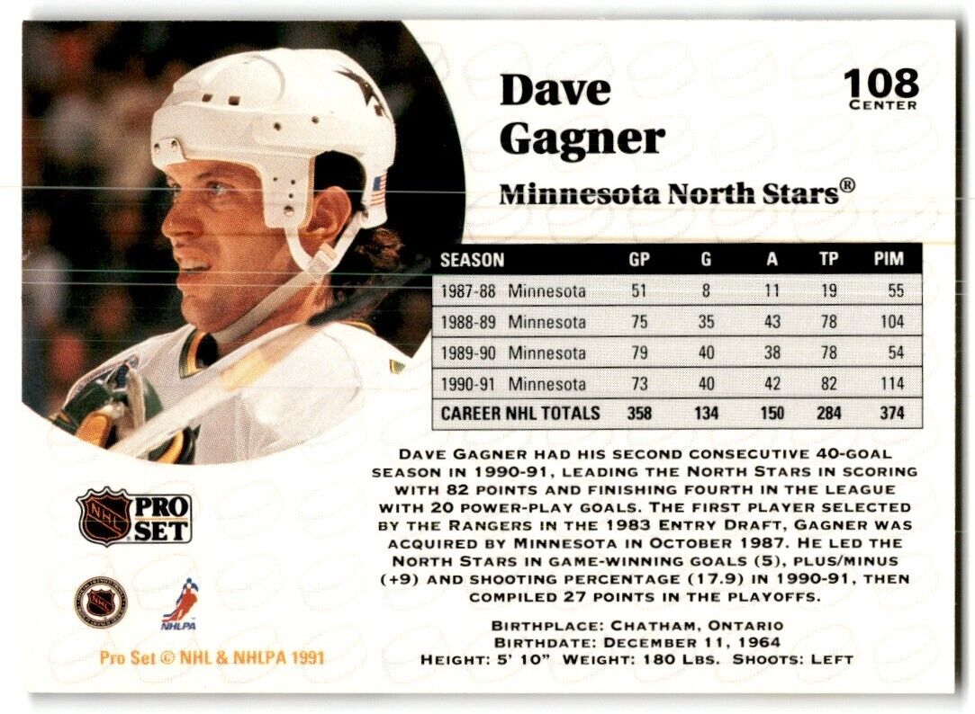 1991-92 Pro Set Dave Gagner Minnesota North Stars #108