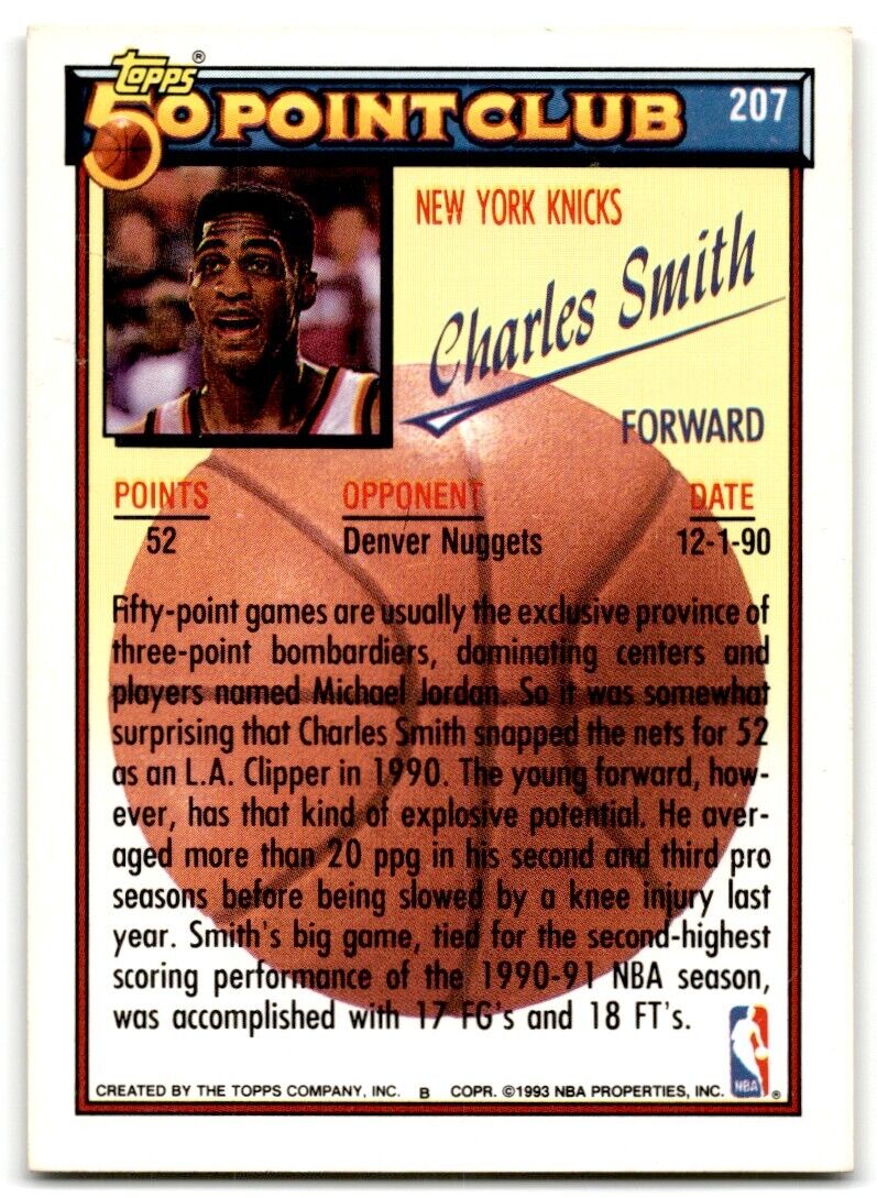 1992-93 Topps 50 points club Charles Smith Los Angeles Clippers #207