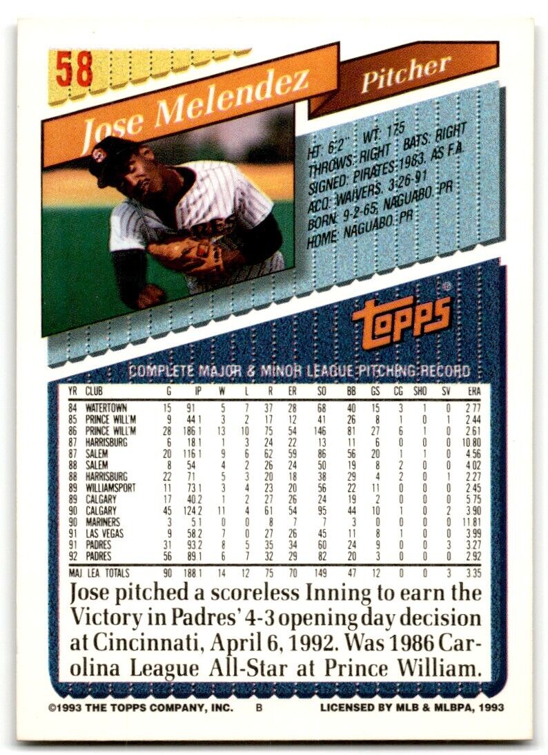 1993 Topps Inaugural Marlins Jose Melendez San Diego Padres #58