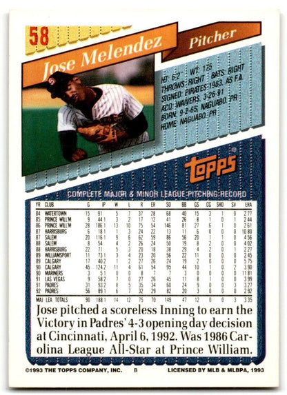 1993 Topps Inaugural Marlins Jose Melendez San Diego Padres #58