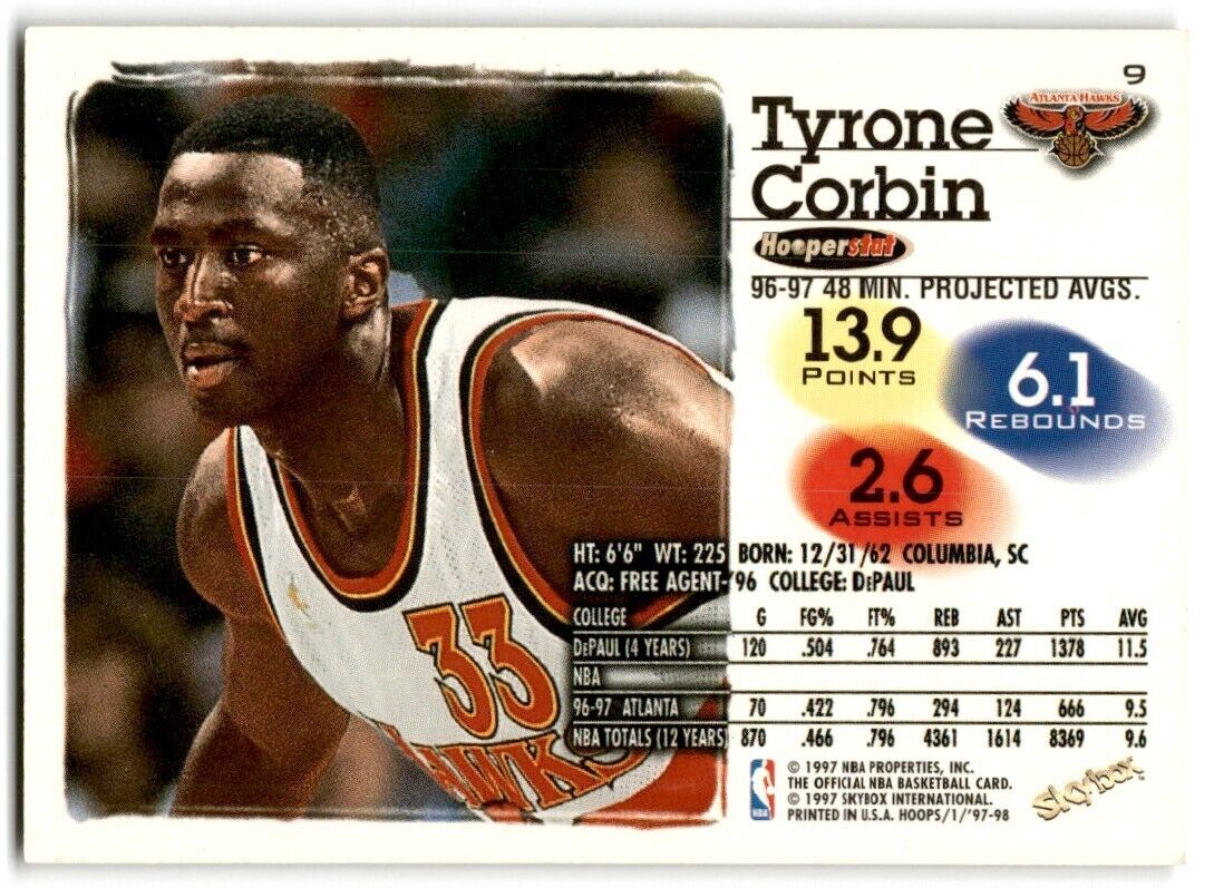 1997-98 Hoops Tyrone Corbin Atlanta Hawks #9