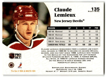 1991-92 Pro Set Claude Lemieux New Jersey Devils #135