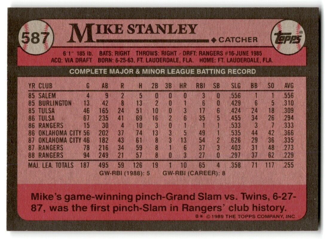 1989 Topps Mike Stanley Texas Rangers #587