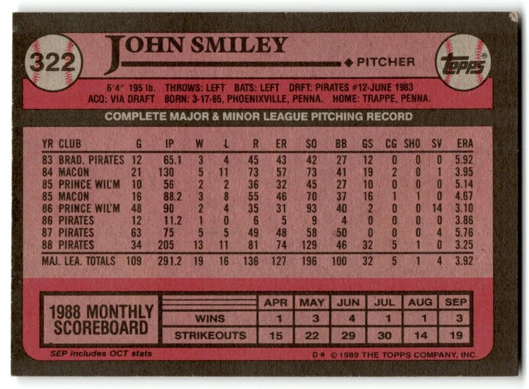 1989 Topps John Smiley Pittsburgh Pirates #322