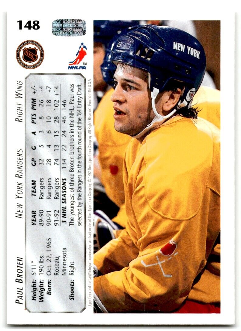 1992-93 Upper Deck Paul Broten New York Rangers #148