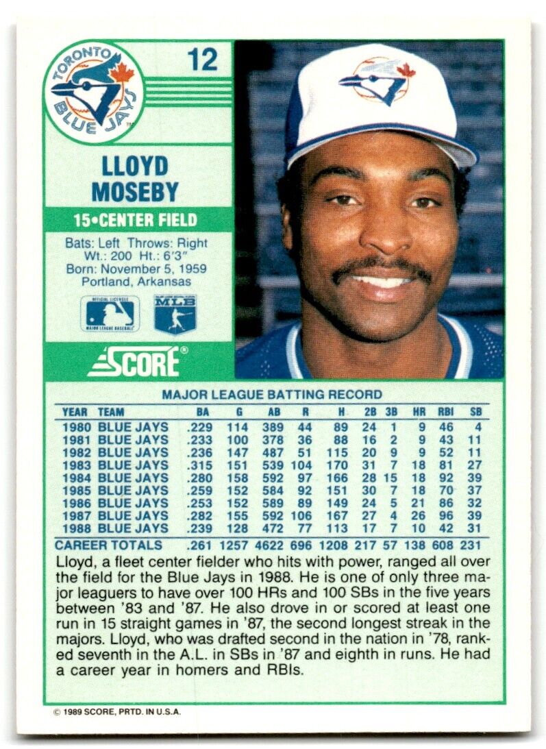 1989 Score Lloyd Moseby Toronto Blue Jays #12