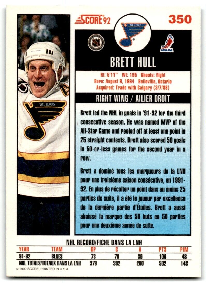 1992-93 Score Brett Hull St. Louis Blues #350