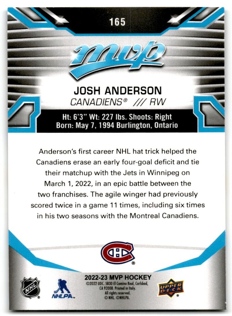 2022-23 Upper Deck MVP Josh Anderson Montreal Canadiens #165