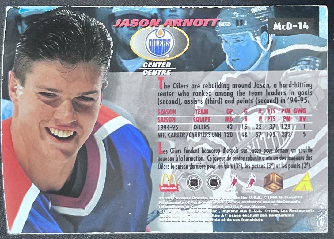 1995-96 Pinnacle McDonald's Game Winners Jason Arnott Edmonton Oilers #MCD-14