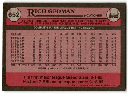 1989 Topps Rich Gedman Boston Red Sox #652