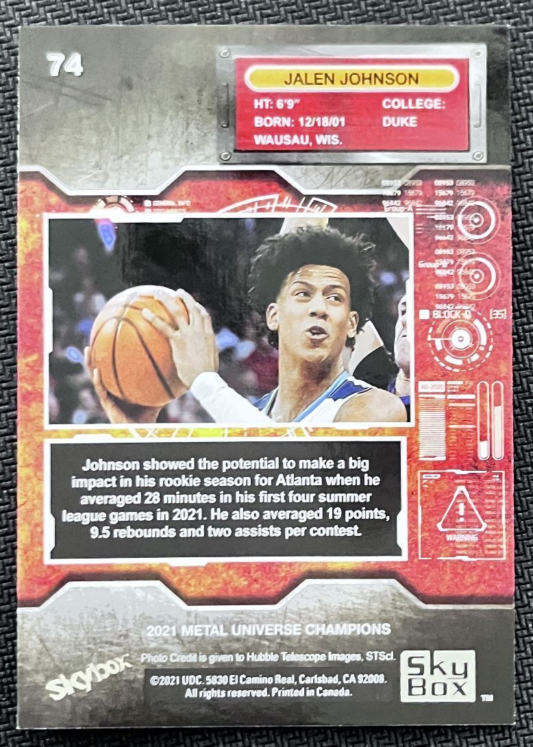 2021-22 Skybox Premium Metal Universe Champion Jalen Johnson Rookie #74