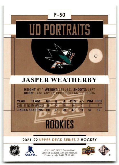 2021-22 Upper Deck UD Portraits Jasper Weatherby Rookie San Jose Sharks #P-50