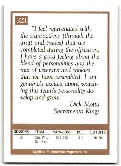 1990-91 SkyBox Dick Motta Sacramento Kings #323