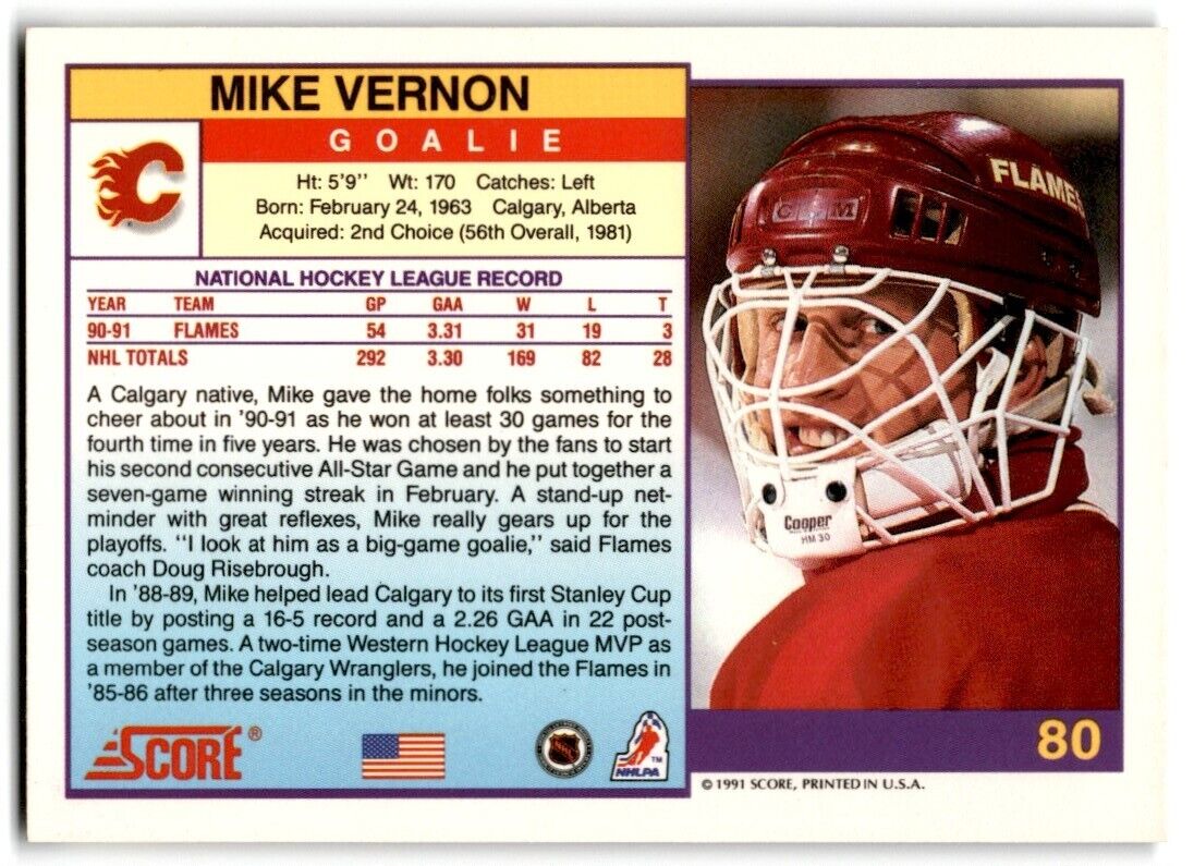 1991-92 Score Mike Vernon Calgary Flames #80