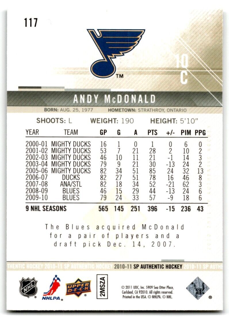 2010-11 SP Authentic Andy McDonald St. Louis Blues #117