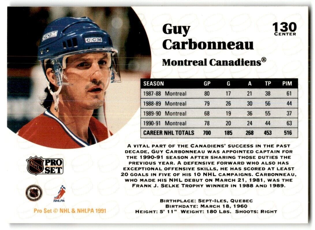 1991-92 Pro Set Guy Carbonneau Montreal Canadiens #130