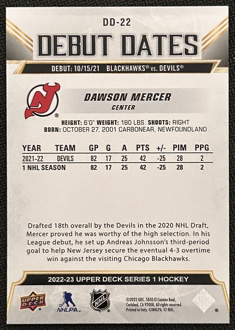 2022-23 Upper Deck Debut Dates Dawson Mercer New Jersey Devils #DD-22