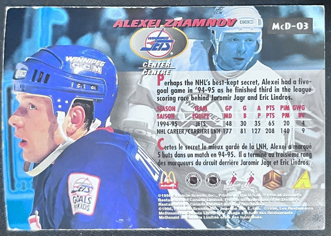 1995-96 Pinnacle McDonald's Game Winners Alexei Zhamnov Winnipeg Jets #MCD-03