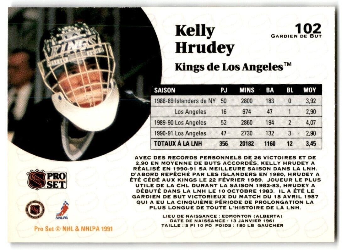 1991-92 Pro Set French Kelly Hrudey Los Angeles Kings #102