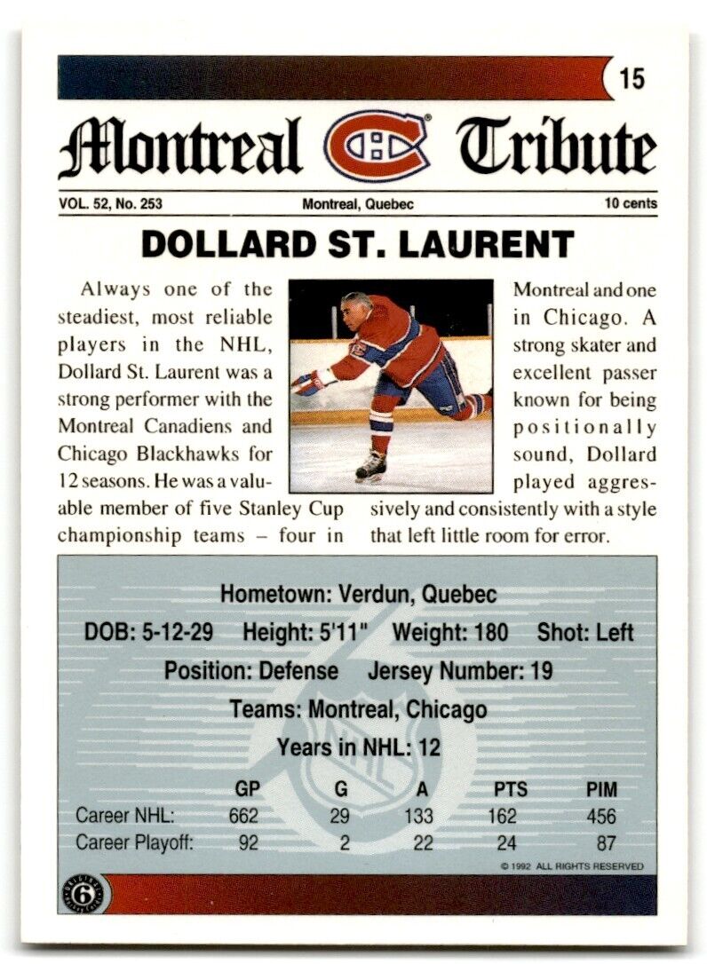 1991-92 Ultimate Original 6 Dollard St. Laurent Montreal Canadiens #15