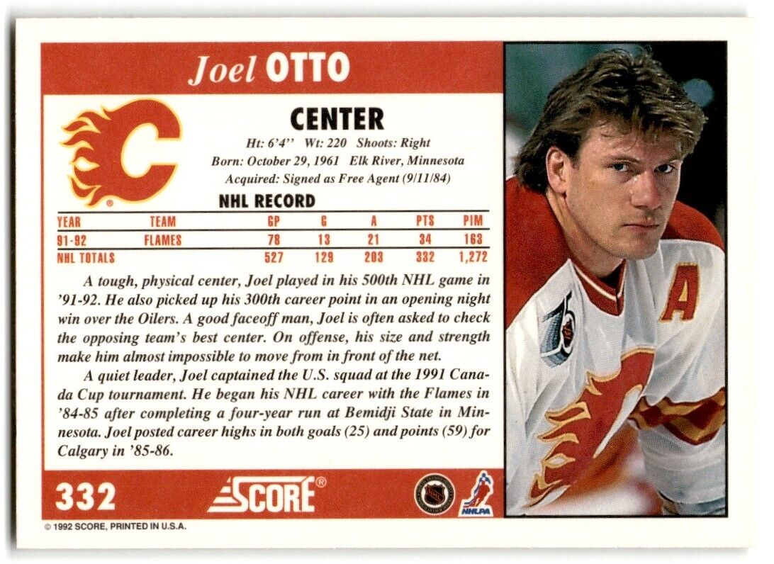 1992-93 Score Joel Otto Calgary Flames #332