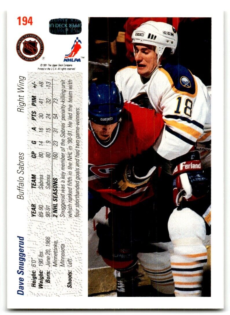 1991-92 Upper Deck Dave Snuggerud Buffalo Sabres #194A