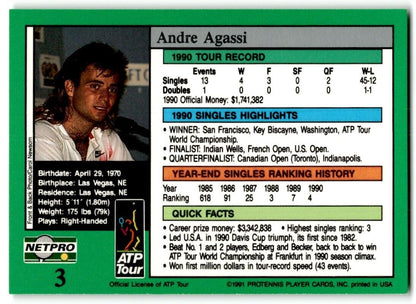 1991 Protennis player Cards Netpro Tour Star Andre Agassi Rookie #3