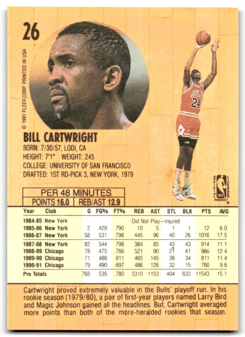 1991-92 Fleer Bill Cartwright Chicago Bulls #26