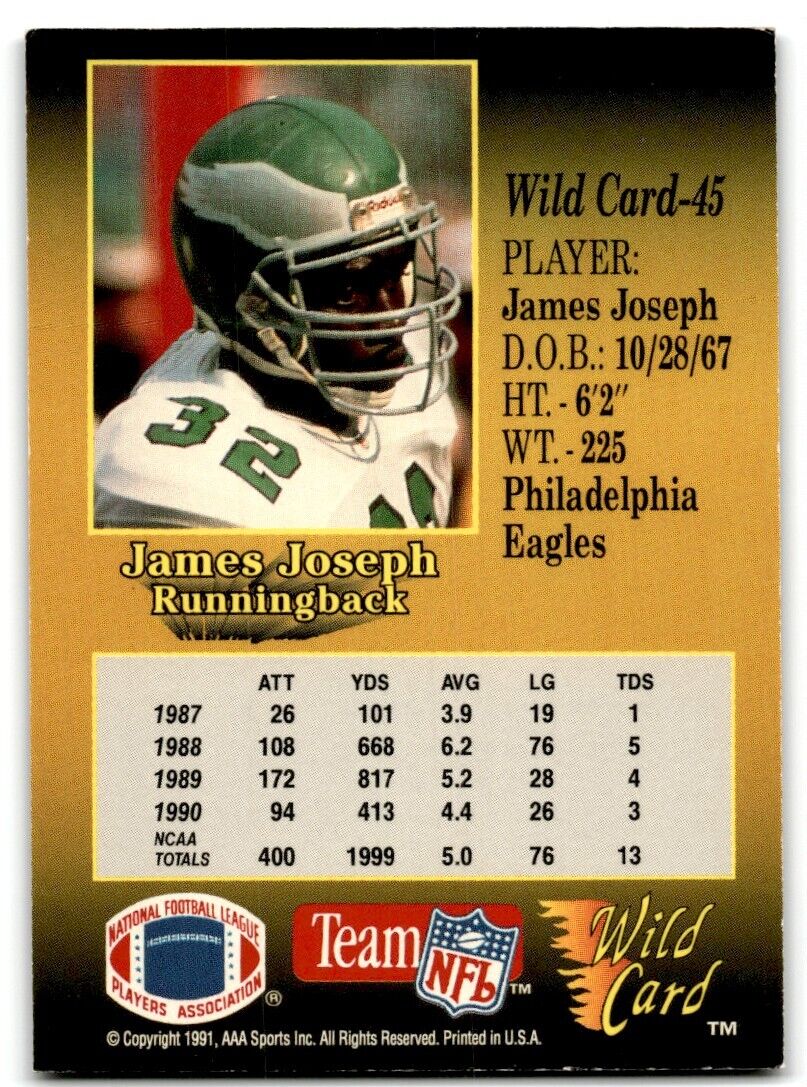 1991 Wild Card James Joseph Rookie Philadelphia Eagles #45