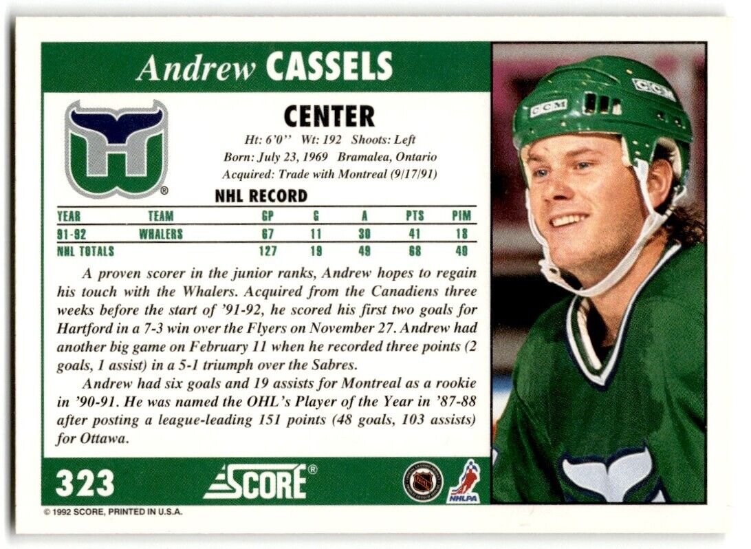 1992-93 Score Andrew Cassels Hartford Whalers #323