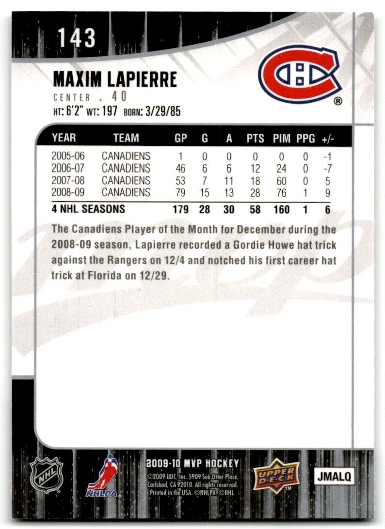 2009-10 Upper Deck MVP Maxim Lapierre Montreal Canadiens #143