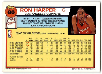 1992-93 Topps Ron Harper Los Angeles Clippers #80