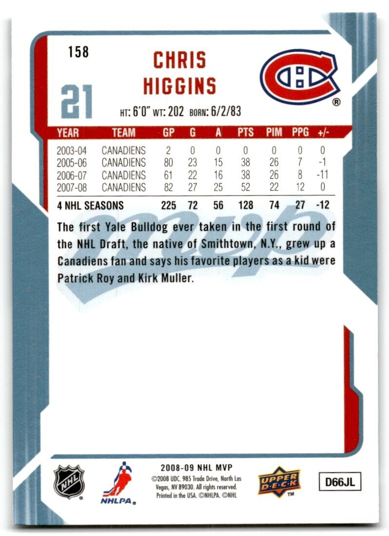 2008-09 Upper Deck MVP Chris Higgins Montreal Canadiens #158