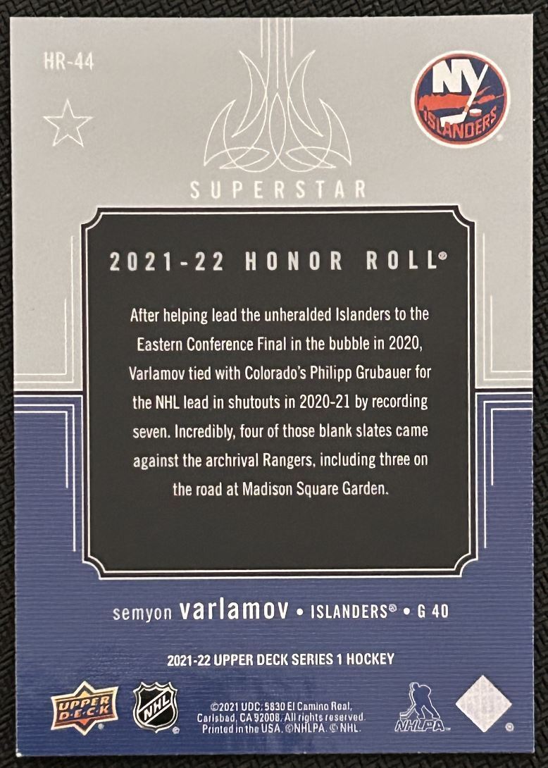 2021-22 Upper Deck Honor Roll Semyon Varlamov New York Islanders #HR-44