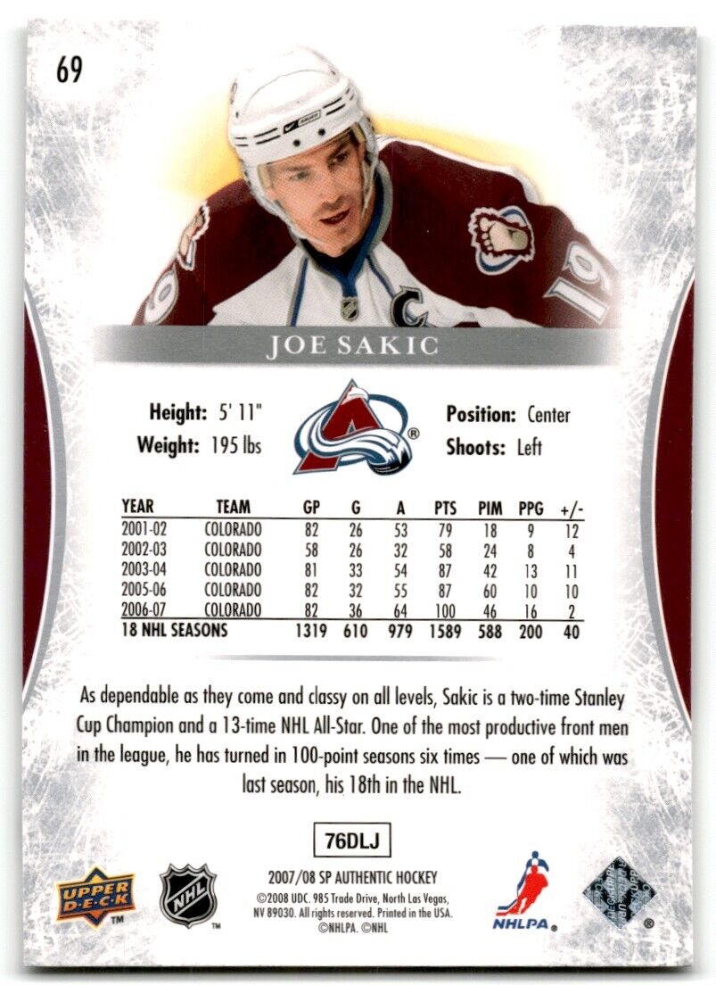 2007-08 SP Authentic Joe Sakic Colorado Avalanche #69