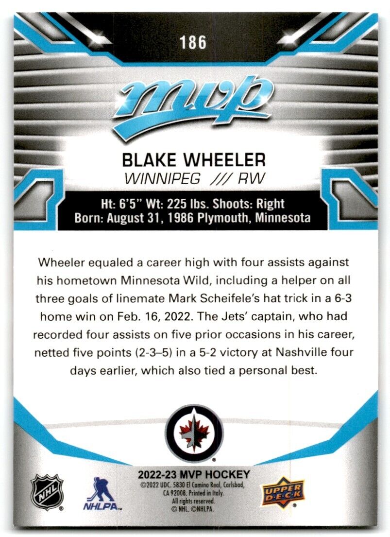 2022-23 Upper Deck MVP Blake Wheeler Winnipeg Jets #186