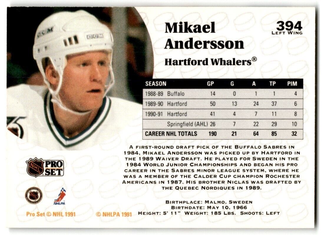 1991-92 Pro Set Mikael Andersson Hartford Whalers #394