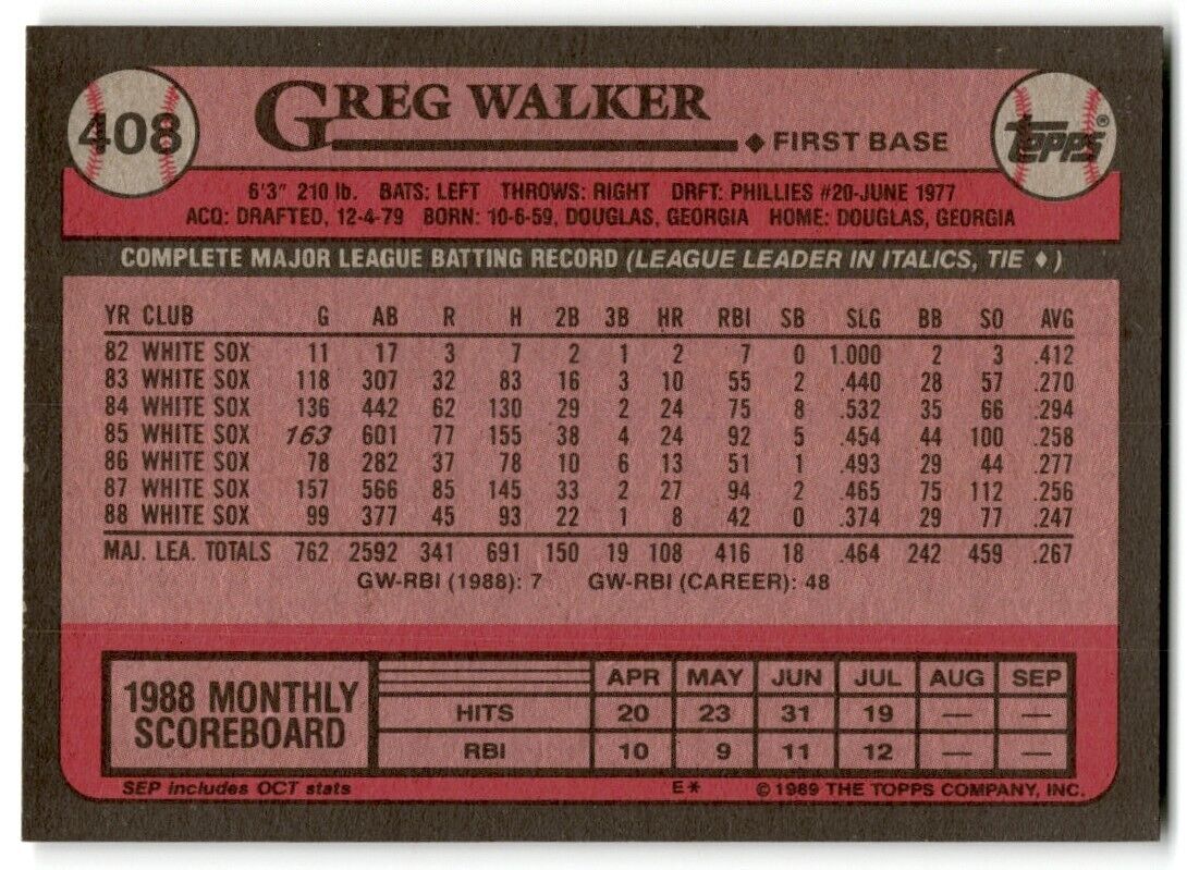 1989 Topps Greg Walker Chicago White Sox #408