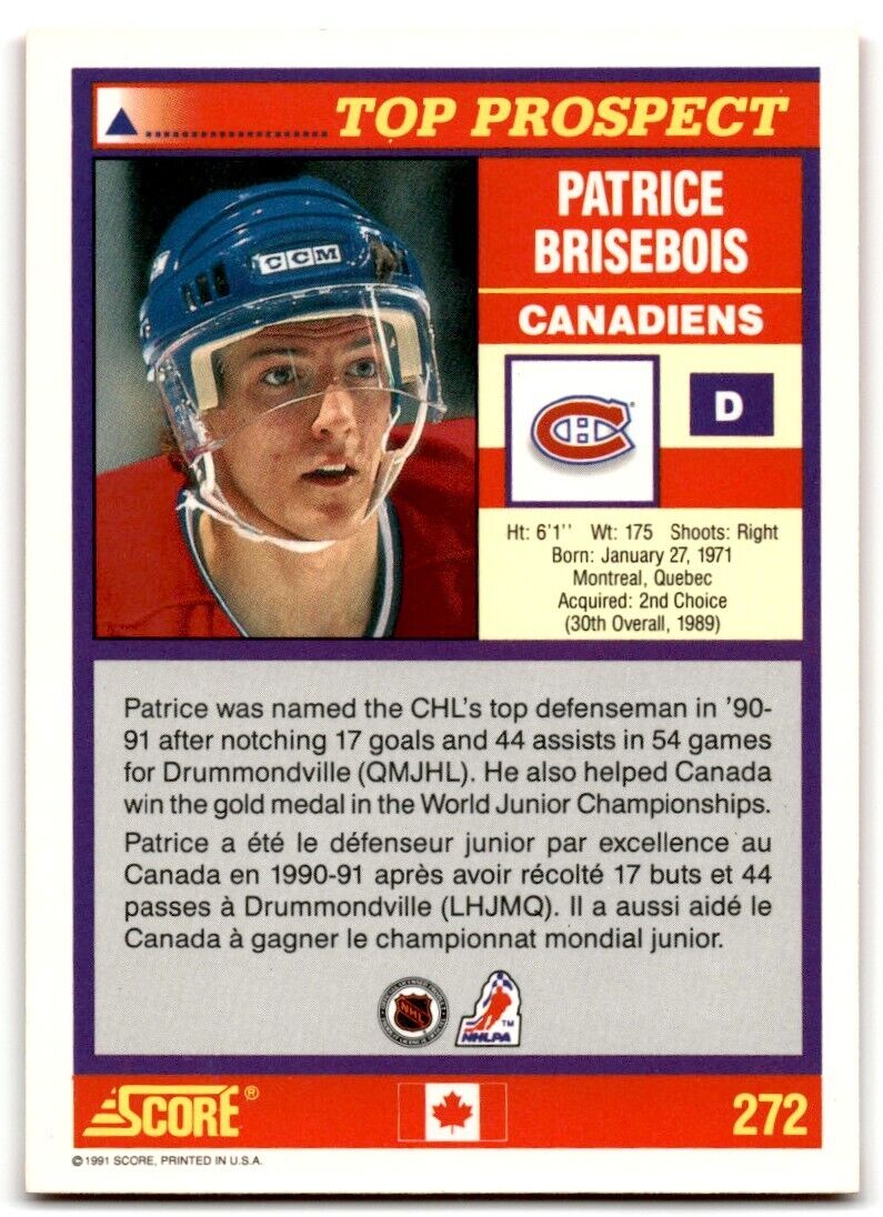 1991-92 Score Canadian Bilingual Patrice Brisebois Montreal Canadiens #272