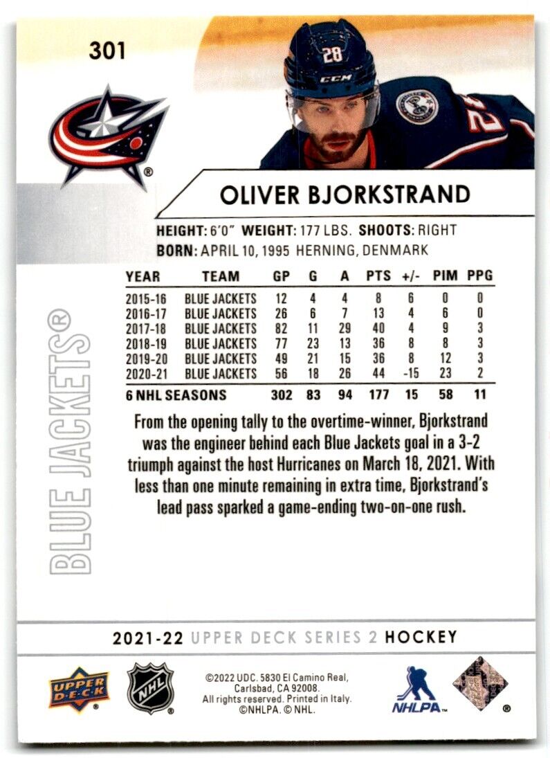 2021-22 Upper Deck Oliver Bjorkstrand Columbus Blue Jackets #301